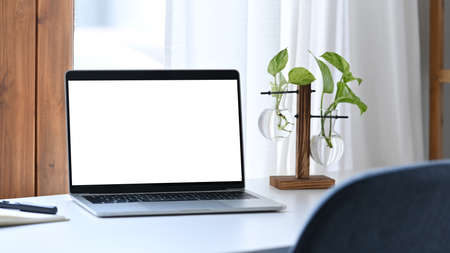 Computer laptop with empty display and houseplant on white table.