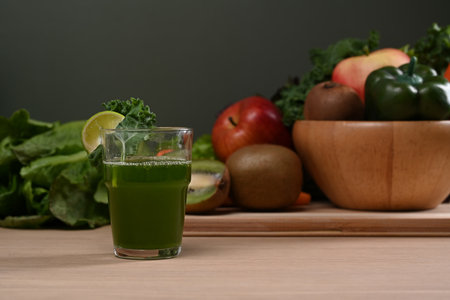 Modern blender with fresh vegetables and fruits on wooden table. Healthy food concept.の写真素材