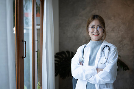 Portrait of confident young asian doctor in white coat holding books and smiling at camera.の写真素材