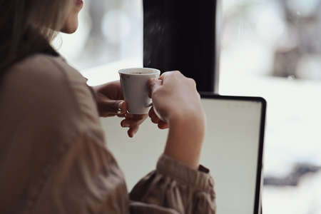 Smiling asian woman entrepreneur checking financial reports and using laptop at her workplace.の写真素材