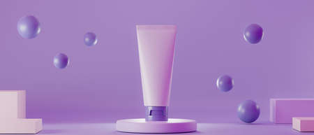 Blank cosmetic container mock up on podiums isolated purple background. For branding and packaging presentation.の写真素材