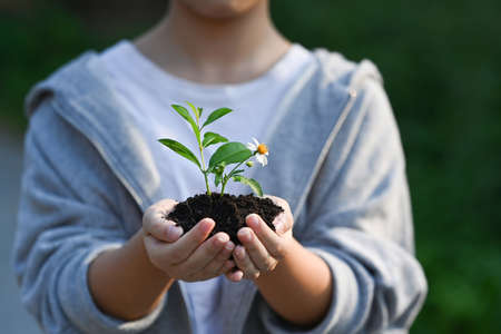 Back view Asian girl looking and holding small flowers with happy expression. Earth day, Ecology concept.の写真素材