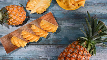 Whole and sliced juicy pineapples on wooden background with copy space. Tropical fruits, summer...