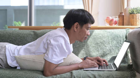 Man using laptop, sitting on couch at home, chatting or shopping in internet, reading message,...