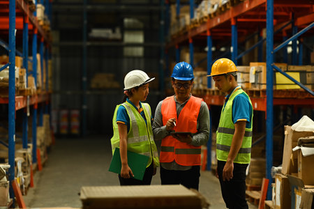 Warehouse workers in safety uniform working in warehouse full of tall shelves with goods in cardboard boxes.の写真素材