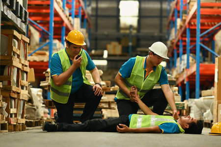Warehouse workers are helping and giving the injured first aid to colleague lying unconscious on the...