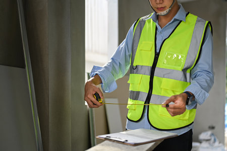 Engineer or inspector working with blueprints with measure tape in his hands while standing in building construction.の写真素材