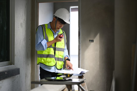 Civil engineer using walkie talkie to communication with co worker team and working with blueprints in construction site.の写真素材