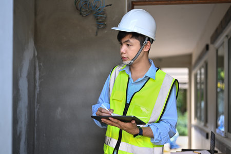 Engineer man wearing safety helmets checking building structure with checklist in hand.の写真素材