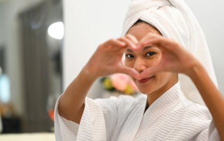 Attractive woman in bathrobe towel on head doing heart symbol shape with hands and smiling to...