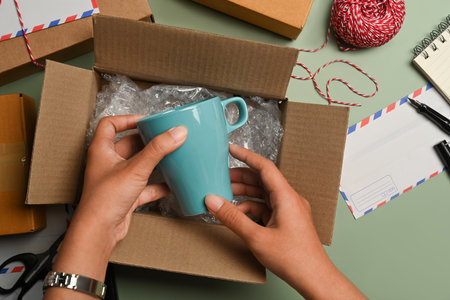 Overhead view of woman putting ceramic cup into cardboard box, preparing to pack gifts for holiday...