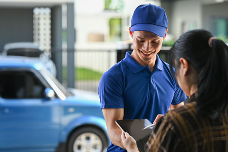 Cropped shot of delivery man in blue uniform using digital tablet while standing at open van full of...