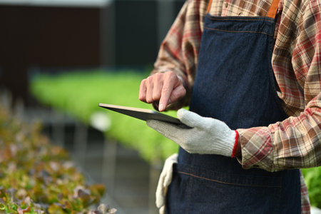 Cropped shot of farmer analyzing farming data on digital tablet at hydroponic greenhouse. Innovation technology concept.の写真素材