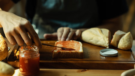 Man spreading sweet raspberry jam on bread during for breakfast or brunch in kitchen. Cropped shot.の写真素材