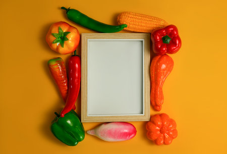 Blank wooden picture frame with vegetables on orange background, Healthy food background, vegetarian food concept.の写真素材