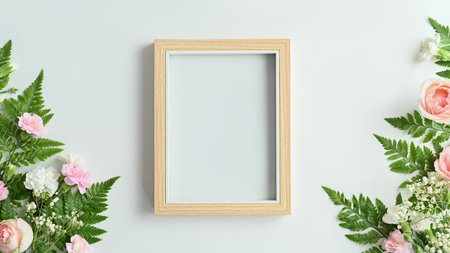 Blank wooden picture frame with pink rose, carnation and fern leaves on white background. Spring floral background, copy space.の写真素材