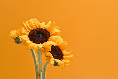 Bouquet of beautiful sunflowers on yellow background. Floral background, autumn or summer concept.の写真素材