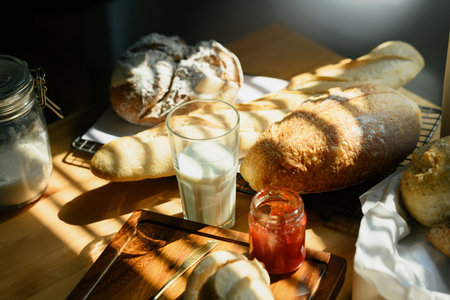 Above view of a glass of milk and baked bread on table in kitchen with sunlight from window.の写真素材
