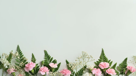 Top view, flat lay pink carnation and fern leaves on white background with space foe your text.の写真素材