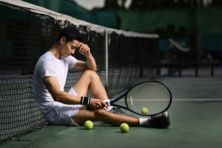 Side view of disappointed asian male tennis player sitting on the court, upset about competition loss, failure emotions.の写真素材