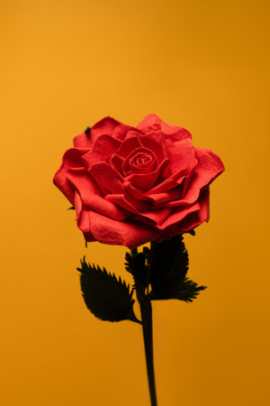 Beautiful red rose isolated on yellow background. Floral background concept.の写真素材