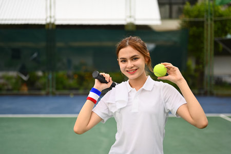 Cheerful sportswoman holding racket and ball standing on the tennis court. Fitness, sport and competition concept.の写真素材