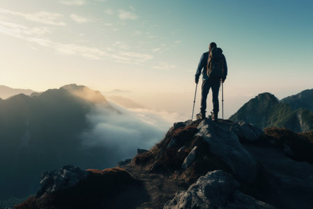 Hiker with a backpack on top of a mountain with dramatic cloudscape during sunrise. Travel, active lifestyle and winning reaching life goal.の素材