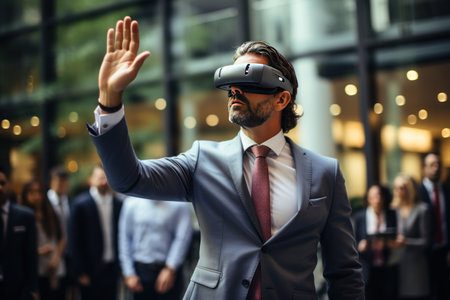 Business man with VR headset and digital technology in modern office. Generative AIの素材
