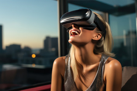 Woman with VR headset and digital transformation for metaverse experience in technology. Generative AIの素材