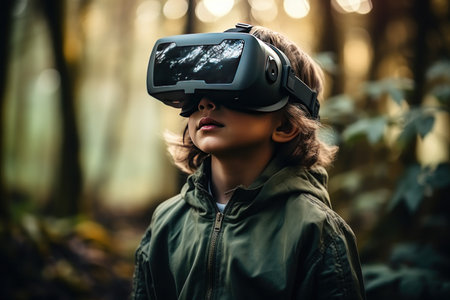 A boy wearing VR headset user, surreal world and virtual reality, natural ambient, forest, nature with generate Aiの素材