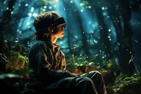 A boy wearing VR headset user, surreal world and virtual reality, natural ambient, forest, nature with generate Aiの素材