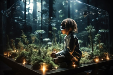 A boy wearing VR headset user, surreal world and virtual reality, natural ambient, forest, nature with generate Aiの素材