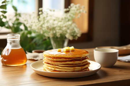 Pancake realistic food with honey drop, have a blank space, on wood table, in kitchen room, morning light, window light, Generate Ai food.の素材