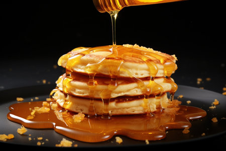 Pancake with honey drop on black background, Generate Ai food.の素材