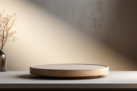 Natural wooden podium white mockup for cosmetics, products, perfumes or jewelry with natural light. Generated with AIの素材