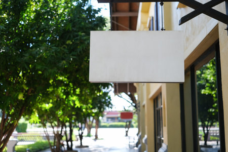 Empty banner sign on store with blank space for you.の写真素材