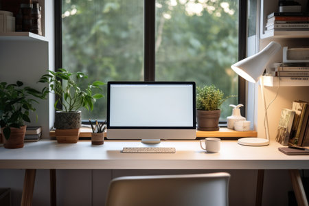 Workspace with computer and supply on table, Empty screen computer with Generate Ai. High quality photoの素材