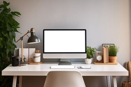 Workspace with computer and supply on table, Empty screen computer with Generate Ai. High quality photoの素材