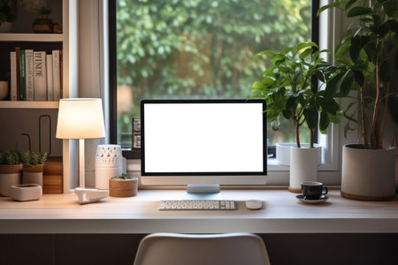 Workspace with computer and supply on table, Empty screen computer with Generate Ai. High quality photoの素材