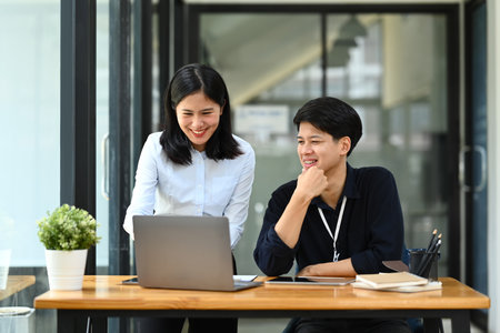 Smiling female manager explaining information, discussing business plan with businessman.の写真素材