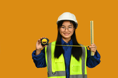 Portrait of Asian girl posing as an engineer or architect on yellow background. Dream occupation, future profession and learning concept.の写真素材