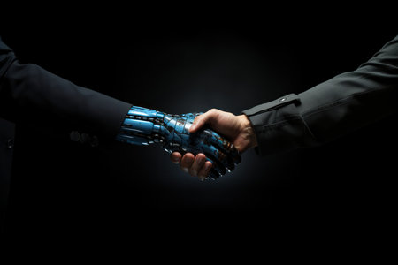 Unity robot ai and human handshake on background. High quality photoの素材