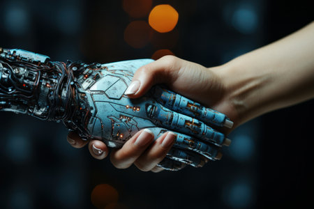 Unity robot ai and human handshake on background. High quality photoの素材