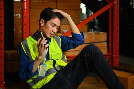 Warehouse worker making an emergency call, asking for first aid team after accident. Injury at work.の写真素材