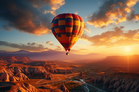 Hot air balloons in Cappadocia, Turkey, wide shot, sunset. generative with ai. High quality photoの素材