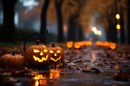 Halloween concept, Decorative pumpkin on the road at autumn time. High quality photoの素材