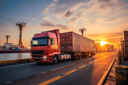 Cargo transportation with truck on the road bay sunset time with generate Ai. High quality photoの素材
