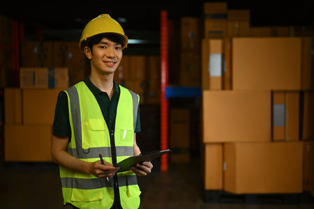 Asian male manager wearing hardhat and reflective jacket standing in a warehouse with shelves full of cardboard boxes.の写真素材