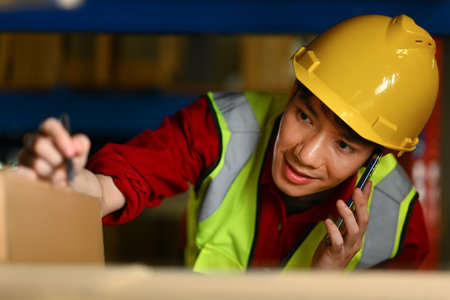 Storehouse male manager in reflective jacket talking on mobile phone in a retail warehouse.の写真素材