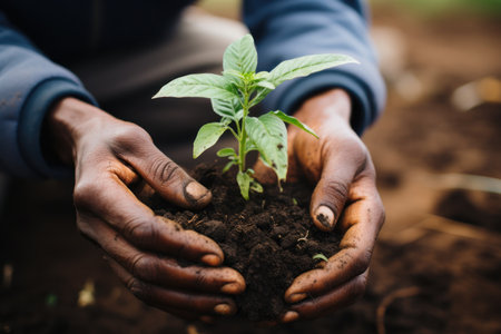 Planting trees for green sustainable future, Person holding a plant in the dirt. Generative AI. . High quality photoの素材